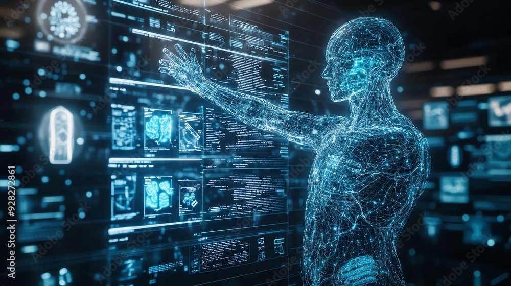 Poster futuristic human interacting with digital interface.
