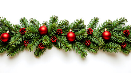 Christmas garland, with green twigs red decorations in a wave garland isolated on white. Top view.