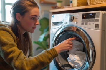 A young woman adjusting the settings on a washing machine in a cozy laundry room, enjoying the efficiency of her laundry routine