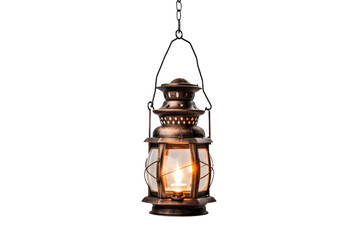 A Glimmer of Hope: An Antique Hanging Lantern Casts a Warm Glow in the Midst of a White Canvas on a White or Clear Surface PNG Transparent Background.