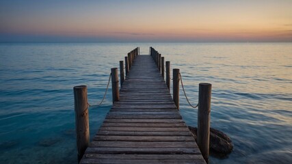 Fototapeta premium Old wooden pier stretching into a serene blue sea at twilight.