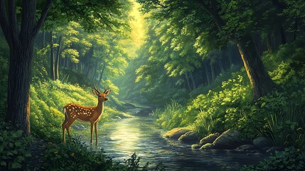 A spotted deer stands in a sun-dappled stream in a lush forest, its antlers visible against the bright greenery.