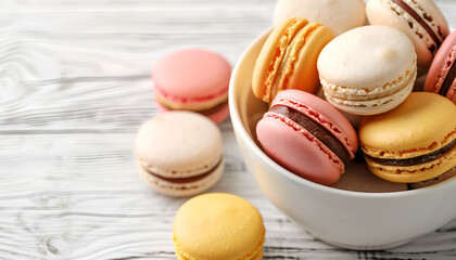 Macaroons in bowl on wooden table close-up