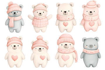 Cute teddy bear watercolor set in light pink pastel colors isolated on white background