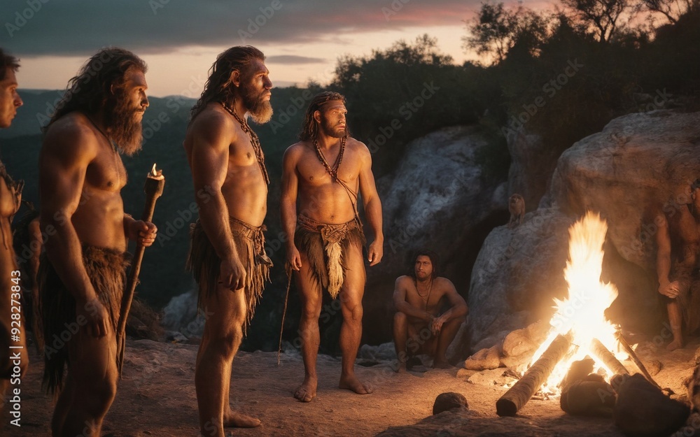 Wall mural a primitive tribe of ancient people in animal skins stands by a large fire in a cave. neanderthals. 