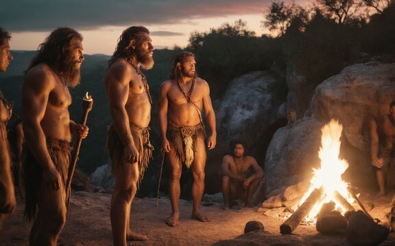 A primitive tribe of ancient people in animal skins stands by a large fire in a cave. Neanderthals. Ice Age. The concept of human evolution.