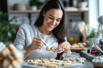 Joyful presenter woman in a modern kitchen, decorating cookies with a smile, savoring the sweet experience of creating homemade treats