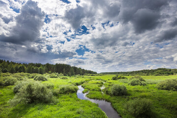 A lush green meadow stretches beneath a dynamic sky filled with clouds, while a gentle stream winds...