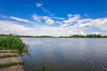 A peaceful lakeside view captures gentle ripples and lush greenery, beneath a captivating blue sky...