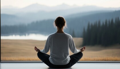 Fototapeta premium A person meditating peacefully with a scenic landscape in the background, promoting relaxation and mindfulness.