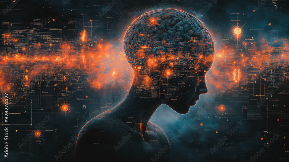 Poster a woman's head is shown in a computer generated image with a city in the background. the image has a