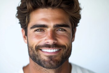 Fototapeta premium a closeup photo portrait of a handsome latino man smiling with clean teeth. for a dental ad. guy with long stylish hair and beard with strong jawline. isolated on white background, Generative AI
