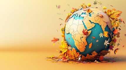 3D globe in autumn, layered fall foliage, flat design illustration