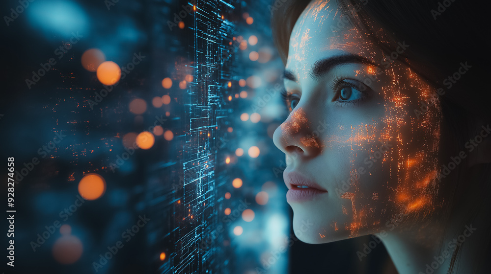 Canvas Prints a woman is looking at a computer screen with a face on it. the face is glowing with bright colors an