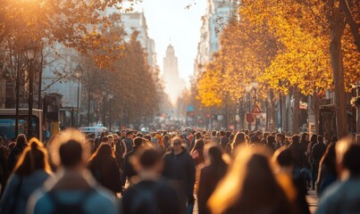 Anonymous crowd of people walking on city street, Generative AI