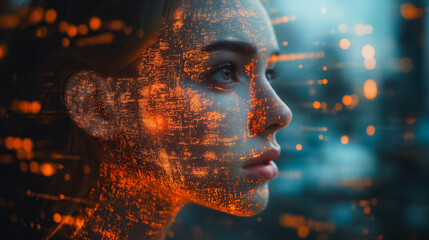 A woman's face is shown with orange and blue colors. The image has a futuristic and abstract feel to it, with the woman's face appearing to be made up of pixels