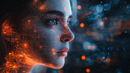 A woman's face is covered in glowing, pixelated dots. The image has a futuristic, sci-fi feel to it, with the dots representing a digital or computer-generated effect. The woman's eyes are open