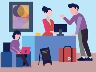 The boy is talking to the hotel receptionist.