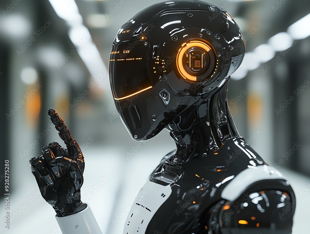 Poster futuristic robot pointing up.