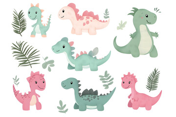 Watercolor style cartoon illustration set of cute little Dino or  Dragon isolated on white background