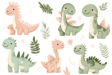 Fototapeta premium Watercolor style cartoon illustration set of cute little Dino or Dragon isolated on white background