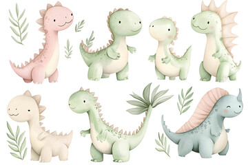 Watercolor style cartoon illustration set of cute little Dino or  Dragon isolated on white background