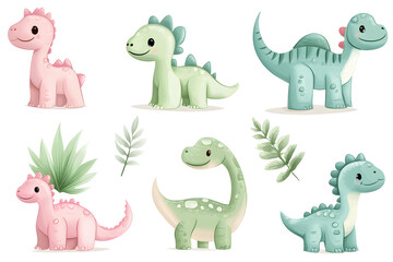 Watercolor style cartoon illustration set of cute little Dino or  Dragon isolated on white background