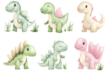 Watercolor style cartoon illustration set of cute little Dino or  Dragon isolated on white background