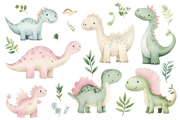 Watercolor style cartoon illustration set of cute little Dino or  Dragon isolated on white background