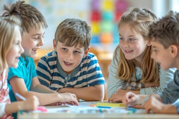 Fototapeta premium Friendly boys and girls brainstorming in teams, Generative AI