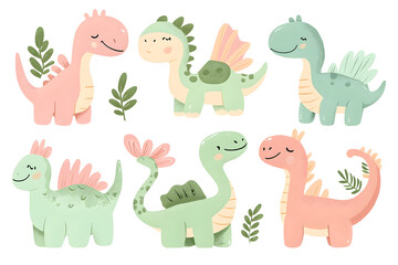 Watercolor style cartoon illustration set of cute little Dino or  Dragon isolated on white background