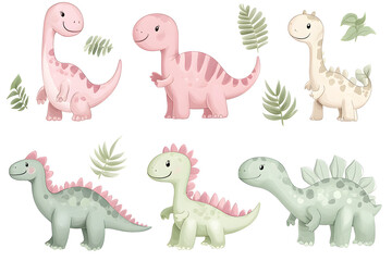 Watercolor style cartoon illustration set of cute little Dino or  Dragon isolated on white background