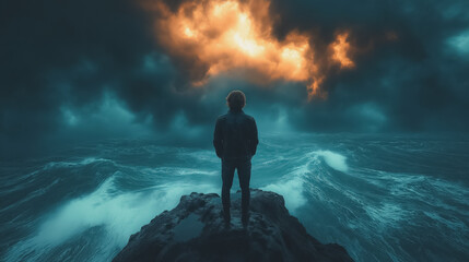Obraz premium A man stands on a rock overlooking the ocean