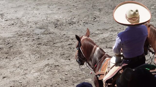 isolated mexican charro on the right side of the screen, charreria is the mexican national sport. Free space for text. Horse back riding