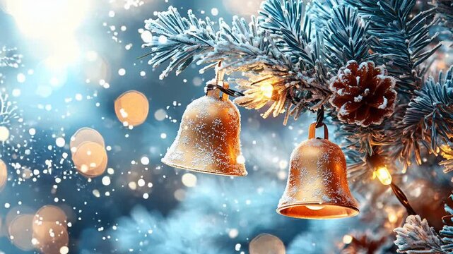 Golden bells hanging from snow covered Christmas tree branches amid twinkling lights and falling snow. Concepts of holiday decoration, festive season, and winter celebrations.