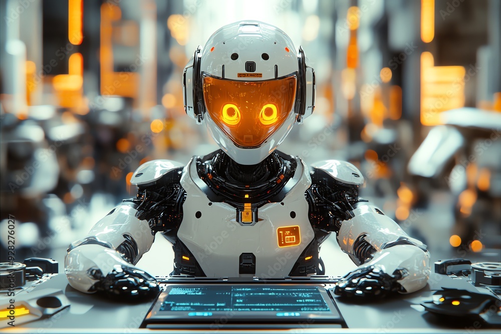 Poster Futuristic Robot Working on a Computer.