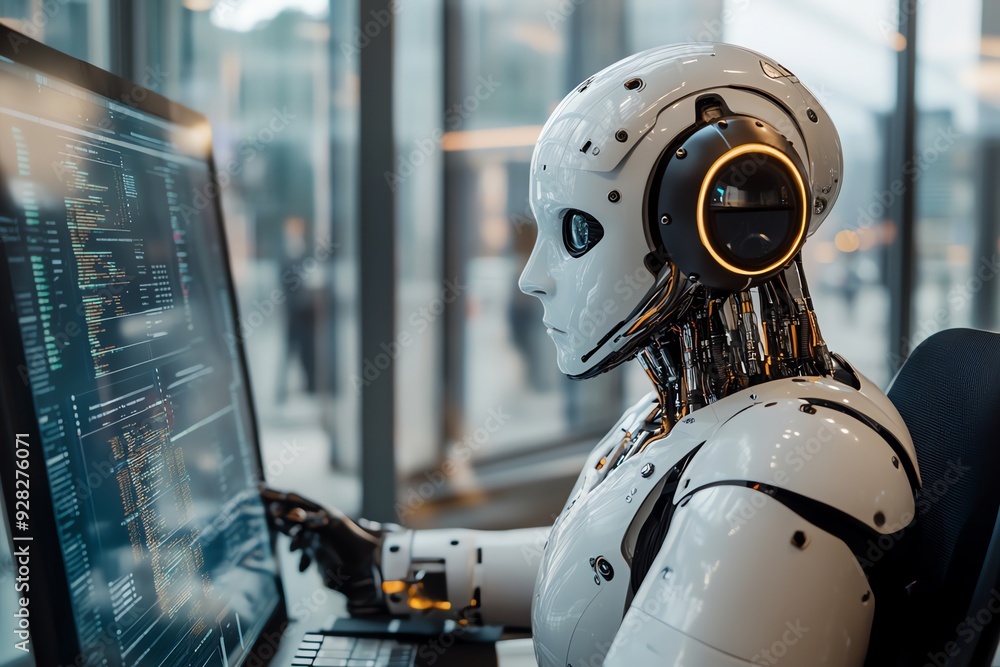 Aufkleber Futuristic robot working on a computer.