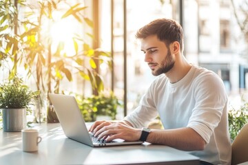 Fototapeta premium High-resolution brightly lit photorealistic candid photograph of a young professional marketer typing on his laptop in a sleek, sun-filled workspace. The photograph is styled like a high-end