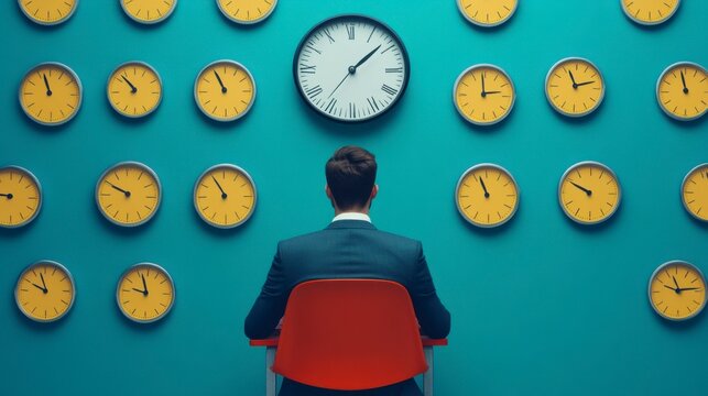 A businessman contemplates time with multiple clocks on the wall, symbolizing the pressure of deadlines and global awareness.