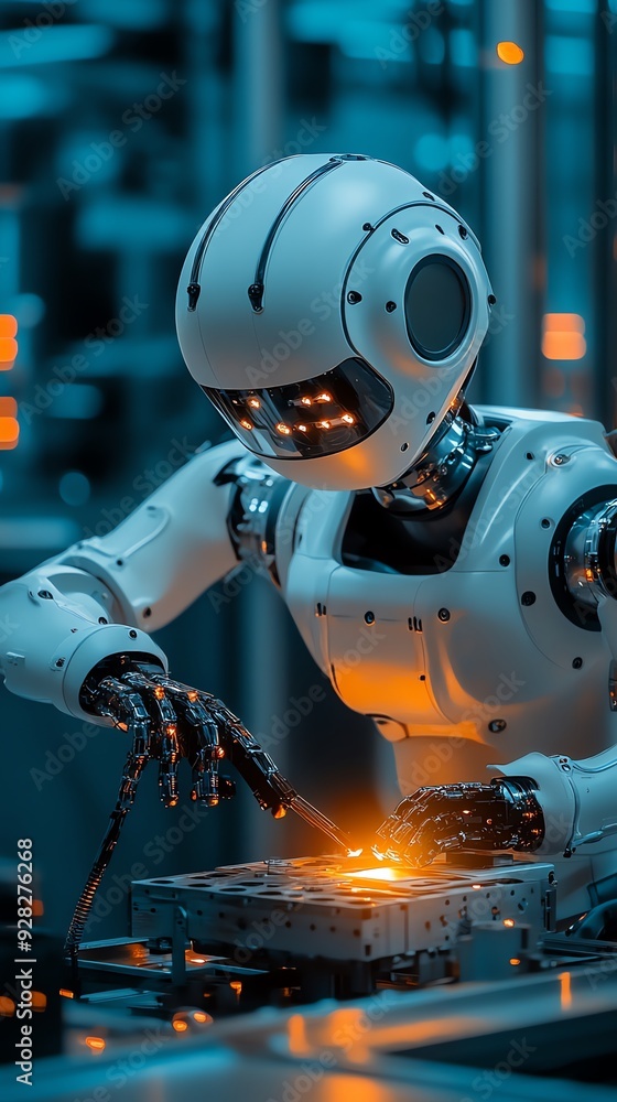 Poster futuristic robot working on a manufacturing line.