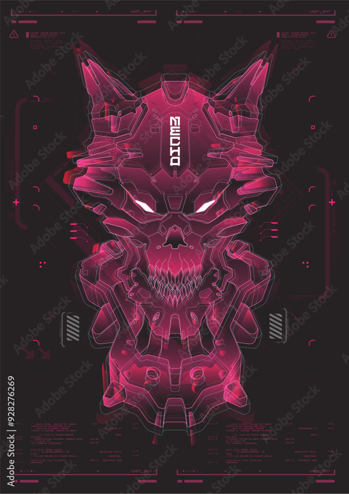 Poster modern flyer for web and print. hacking, cyberpunk futuristic poster. futuristic mecha robot face. t