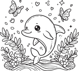 Dolphin lineart coloring book illustration