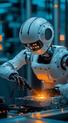 Fototapeta premium Futuristic robot working on a manufacturing line.