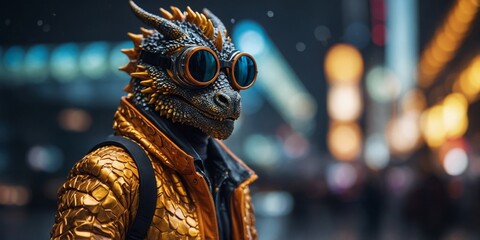 Stylish Dragon with Goggles in Futuristic Jacket.