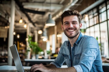 Fototapeta premium High-resolution brightly lit photorealistic candid photograph of a young marketer smiling while working on his laptop in a stylish office with natural light. The photograph is styled like a high-end