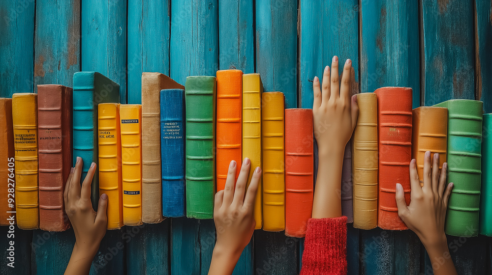 Aufkleber a group of children are reaching for books on a shelf. the books are of different colors and sizes, 