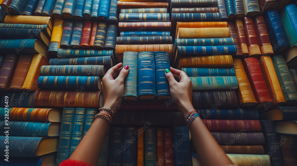 Poster a person is holding a book in a library with many books around them. the books are of different size