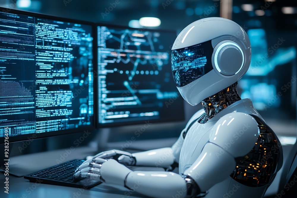 Aufkleber Futuristic Robot Working on Computer.