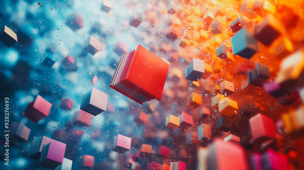 Poster a colorful image of many cubes in the air, with one red cube in the middle. the image has a playful 