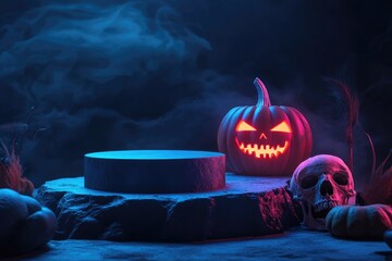 Sinister empty podium for product display with Halloween accents, highlighted by a glowing pumpkin and a skull in a dark setting.